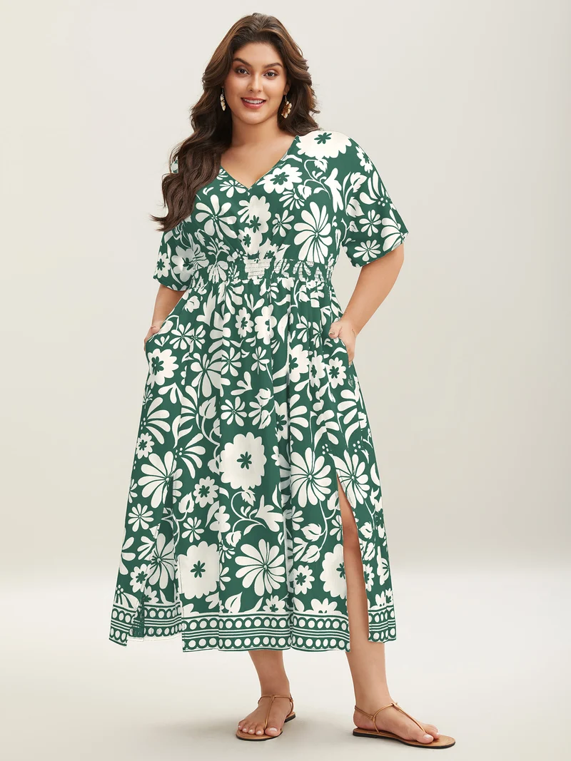 Large Floral Print Pockets Midi Dress