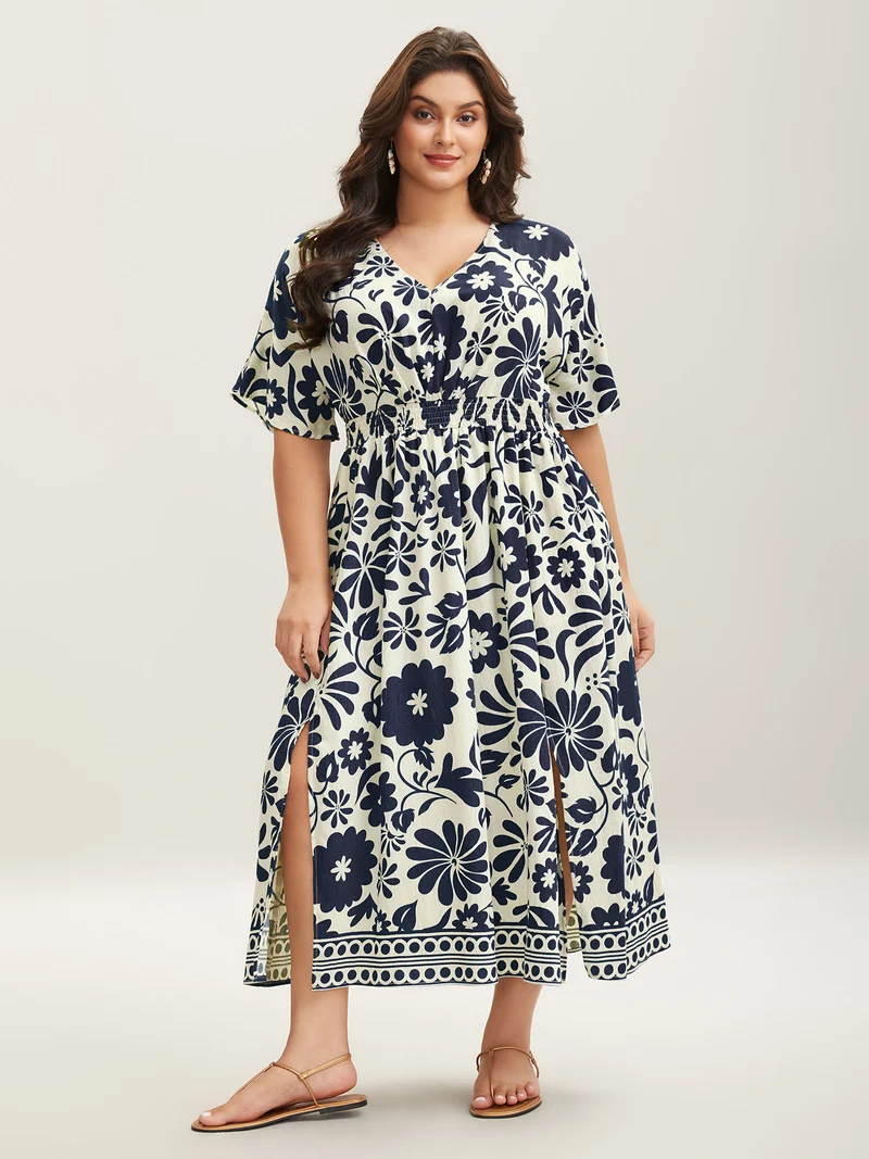 Large Floral Print Pockets Midi Dress