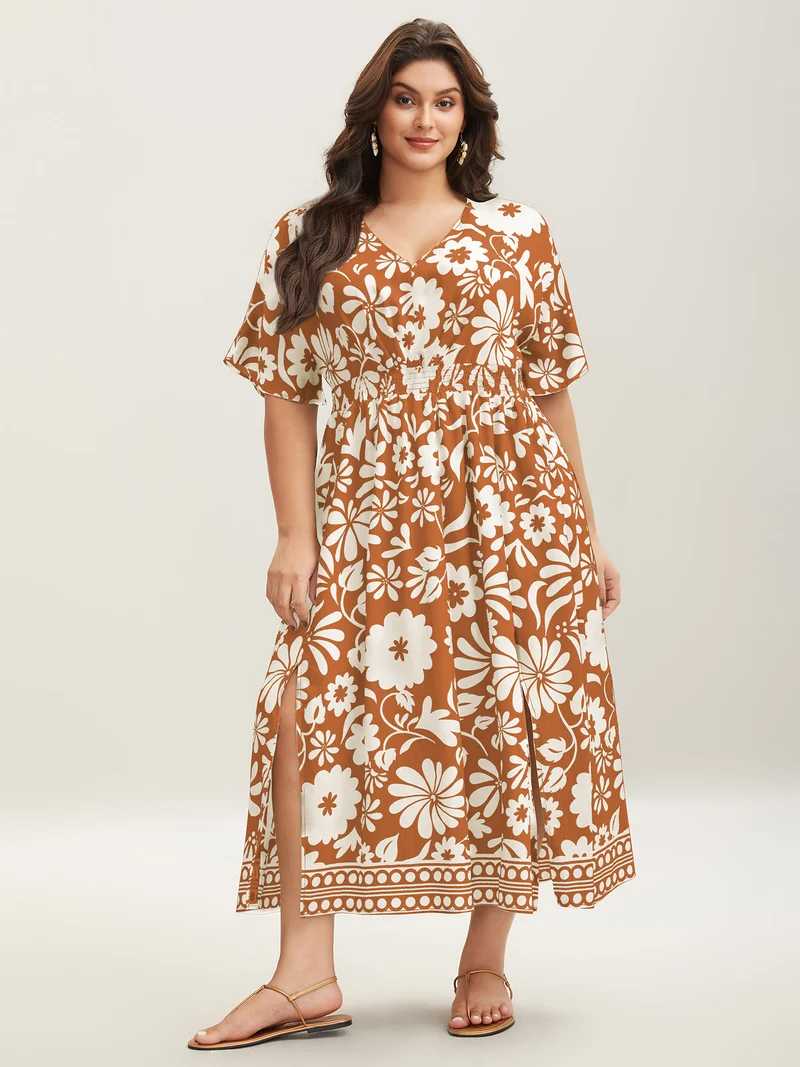 Large Floral Print Pockets Midi Dress