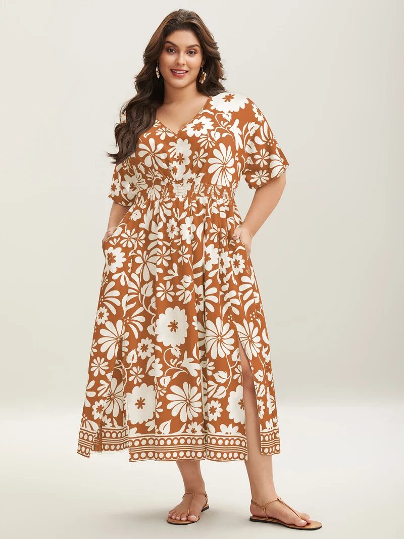 Large Floral Print Pockets Midi Dress
