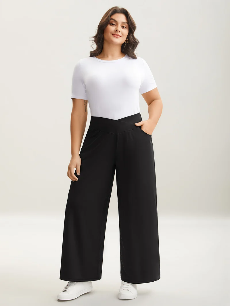 Crossover Waist Very Stretchy Wide-Leg Pants