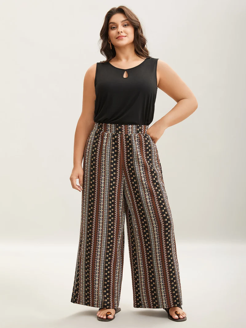 Boho Geometric Pattern Wide-Leg Pants