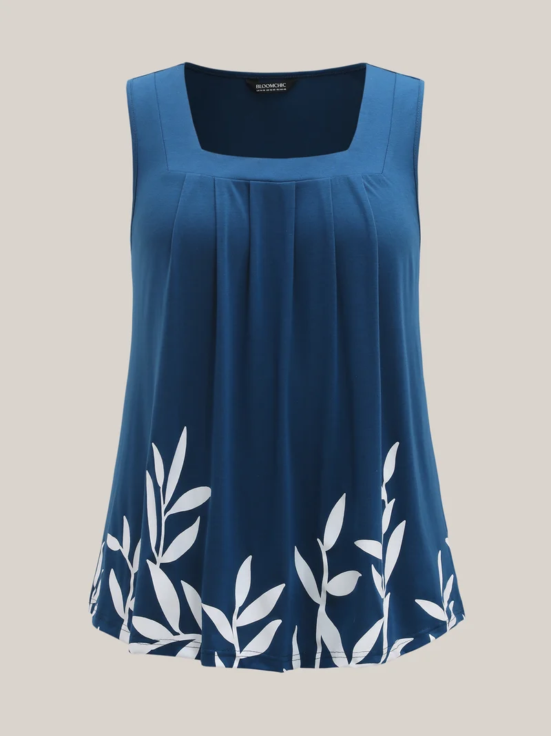 Leafy Printed Hem Pleated Sleeveless Top