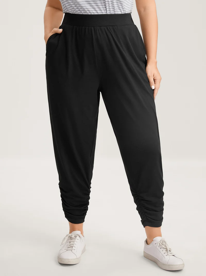 Stretchy Straight-Leg Gathered Hem Pants