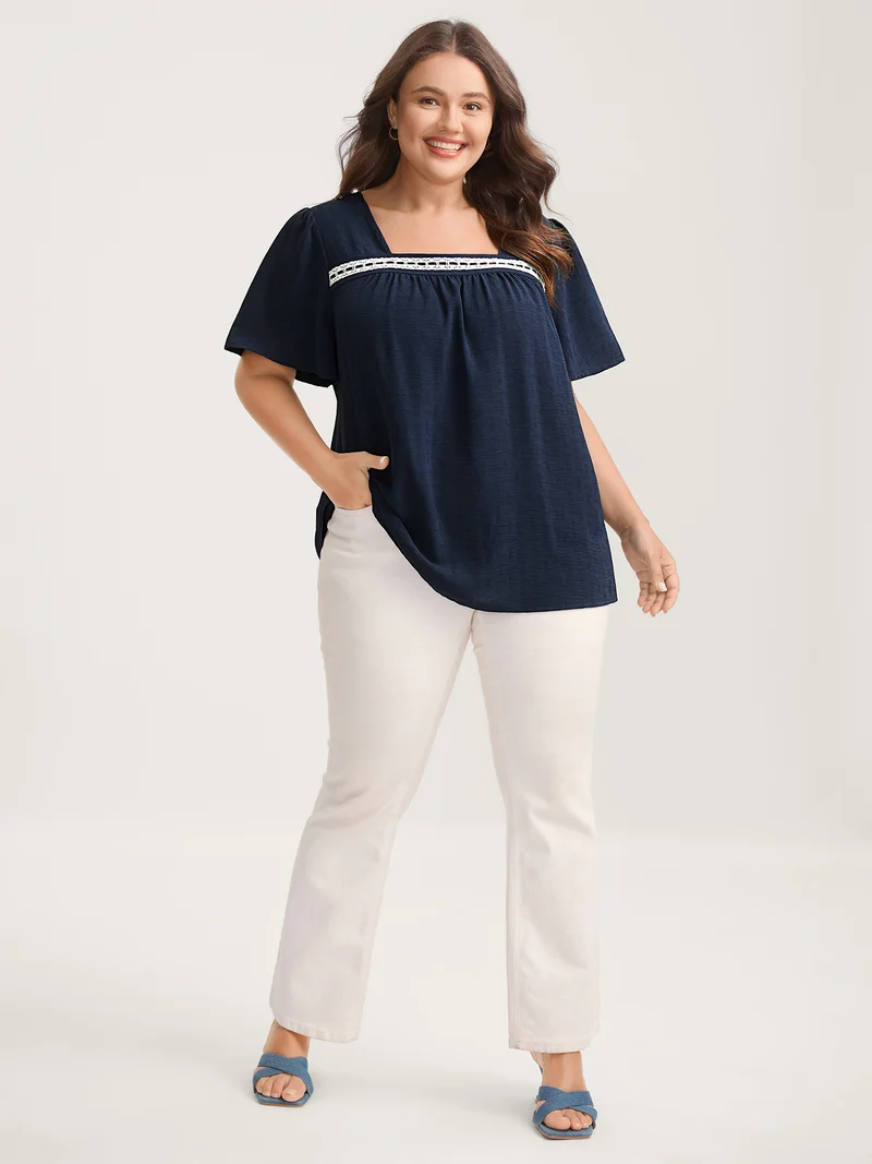 Square Neck Lace Pleated Blouse
