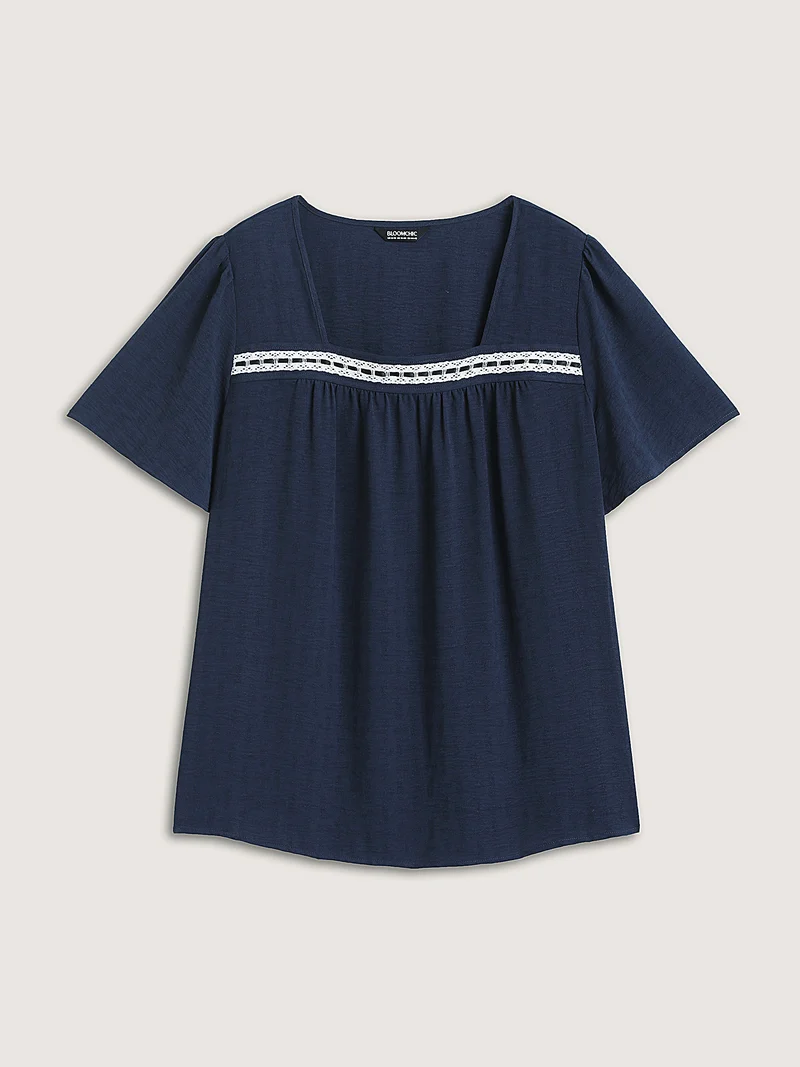 Square Neck Lace Pleated Blouse