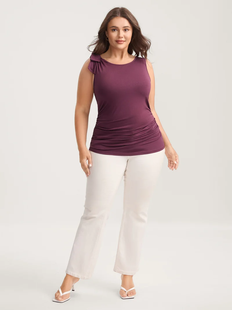 Bow-Tie Ruched Waist Solid Tank Top