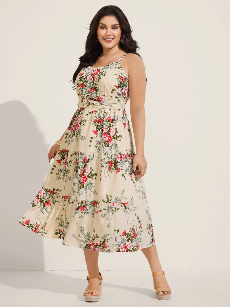 Floral Pleated Waist Pockets Midi Dress