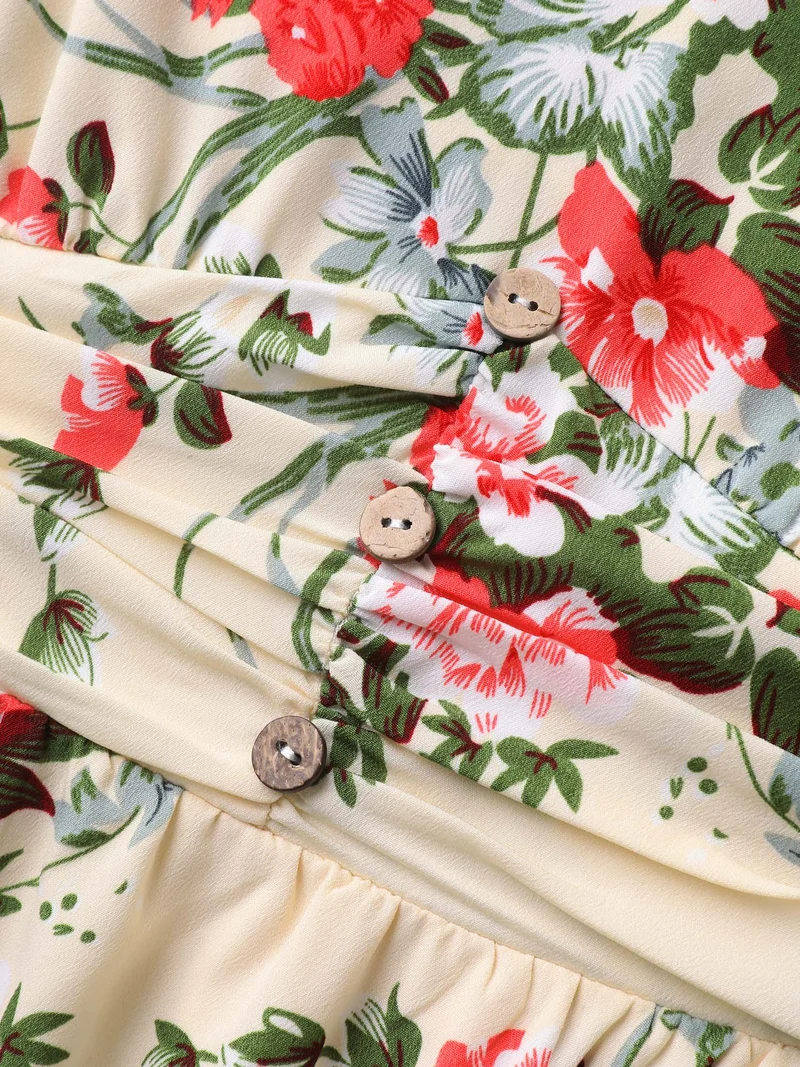 Floral Pleated Waist Pockets Midi Dress