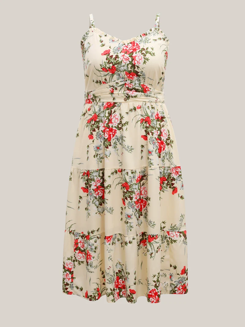 Floral Pleated Waist Pockets Midi Dress