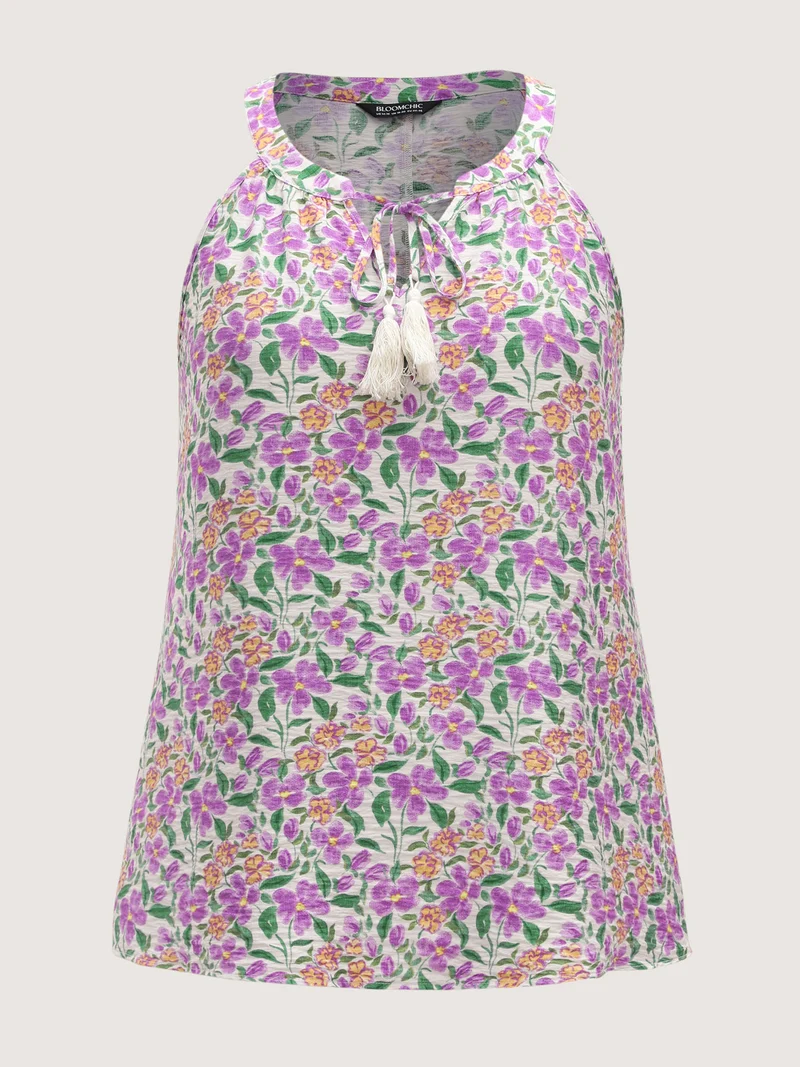 Floral Print Neck Tassels Tank Top