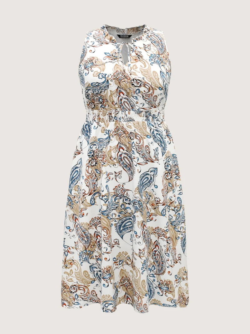 Paisley Print Shirred Waist Pockets Midi Dress