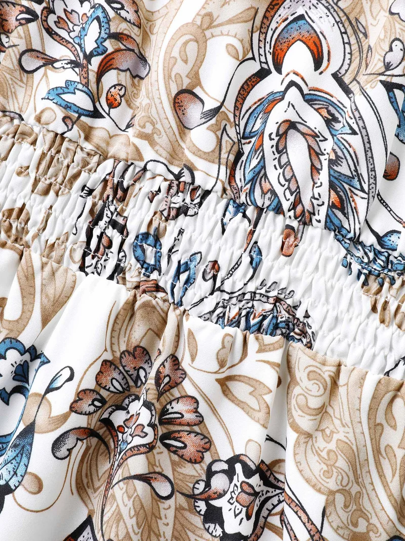 Paisley Print Shirred Waist Pockets Midi Dress