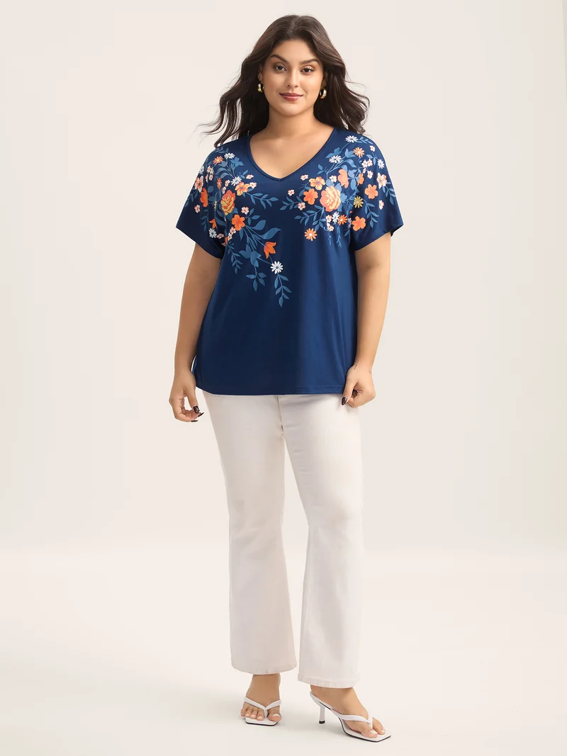 V Neck Floral Print Stretchy T-Shirt