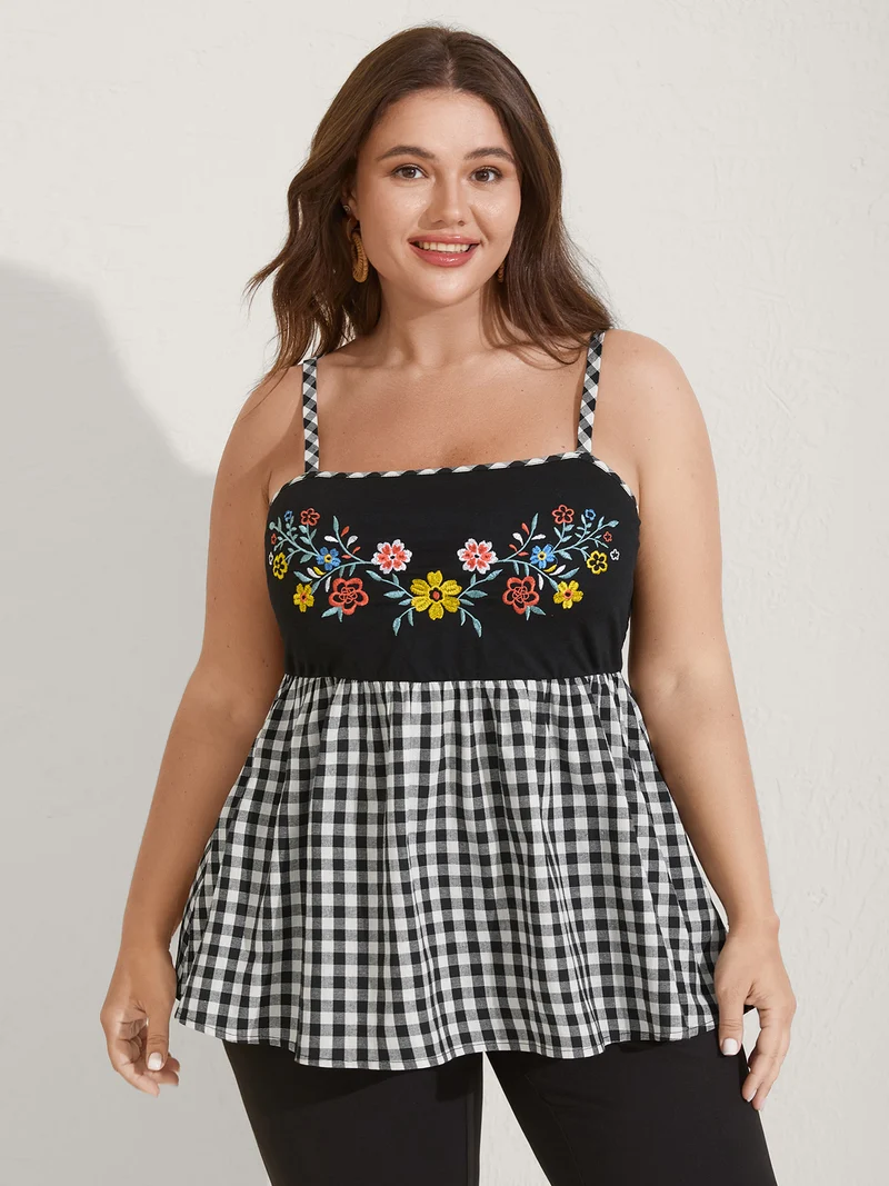 Floral Embroidered Plaid Shirred Tank Top