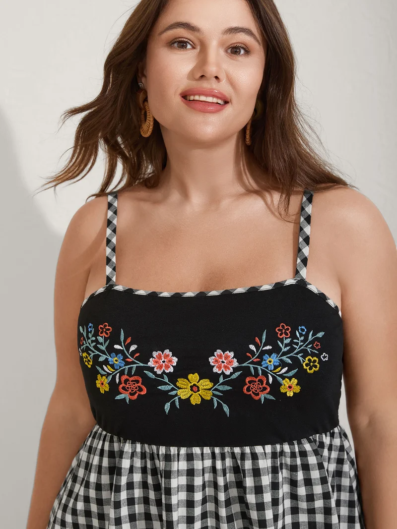 Floral Embroidered Plaid Shirred Tank Top
