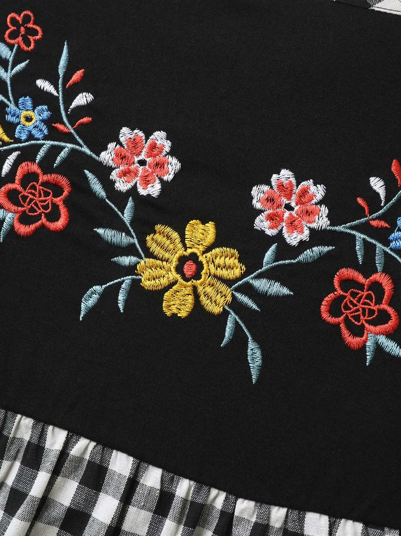 Floral Embroidered Plaid Shirred Tank Top
