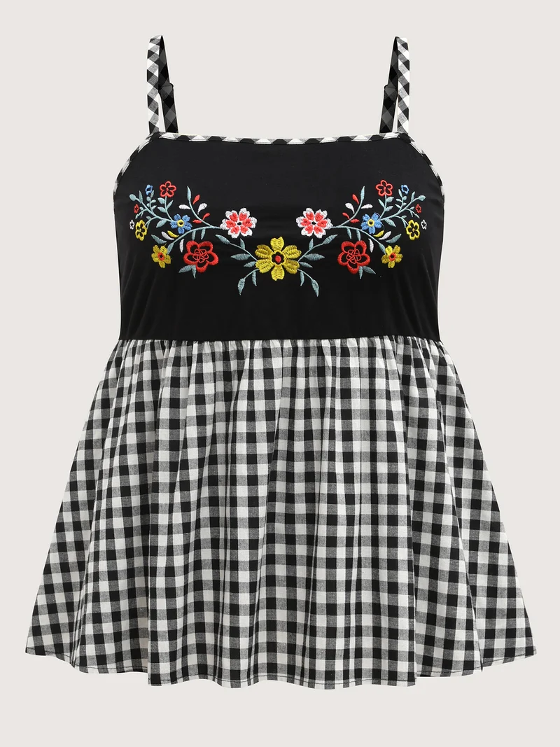 Floral Embroidered Plaid Shirred Tank Top