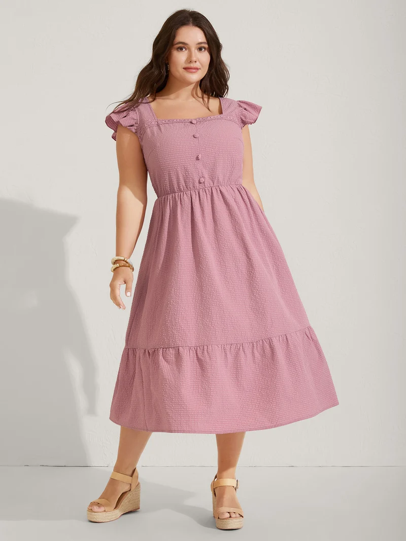 Lace Trim Button Detail Tiered Midi Dress
