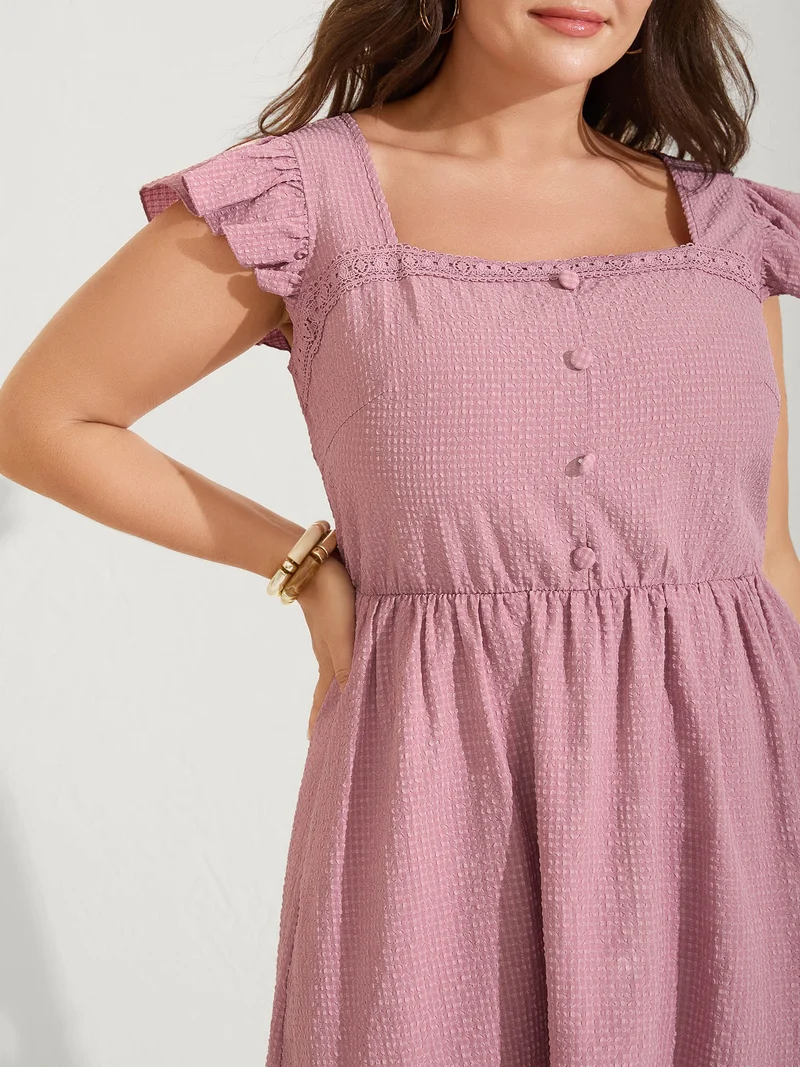 Lace Trim Button Detail Tiered Midi Dress