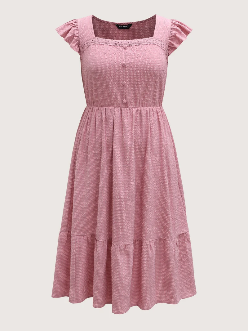 Lace Trim Button Detail Tiered Midi Dress