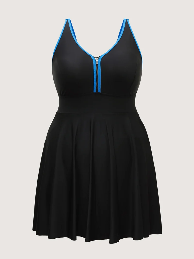 Zipper Front Color Contrast Swim Dress