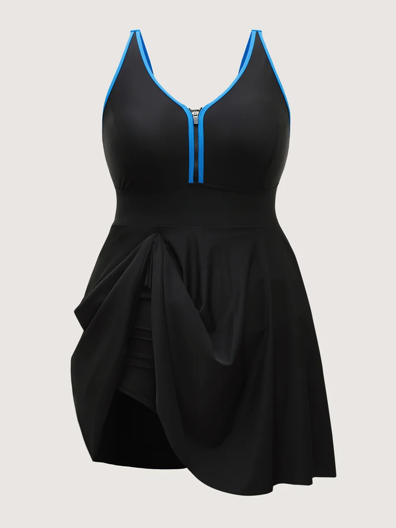 Zipper Front Color Contrast Swim Dress