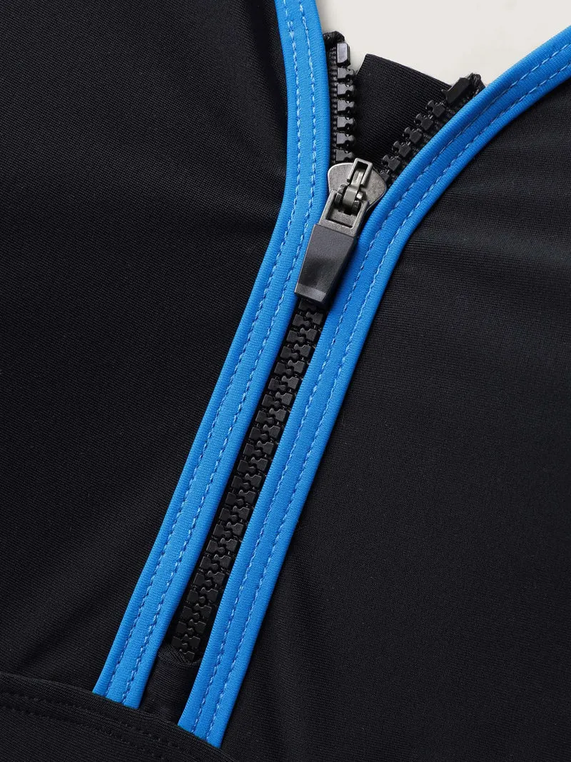 Zipper Front Color Contrast Swim Dress