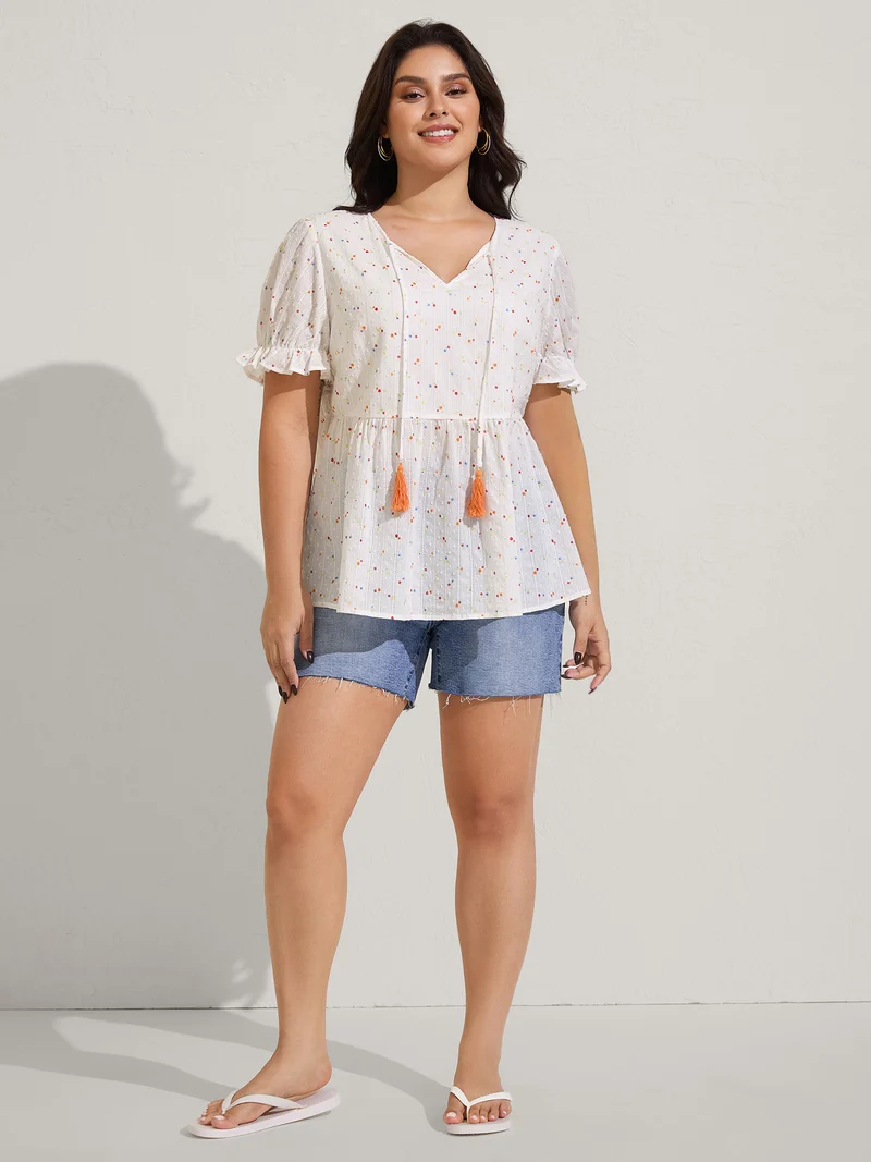 Cotton Colorful Embroidered Tassels Solid Blouse