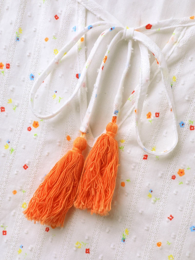 Cotton Colorful Embroidered Tassels Solid Blouse