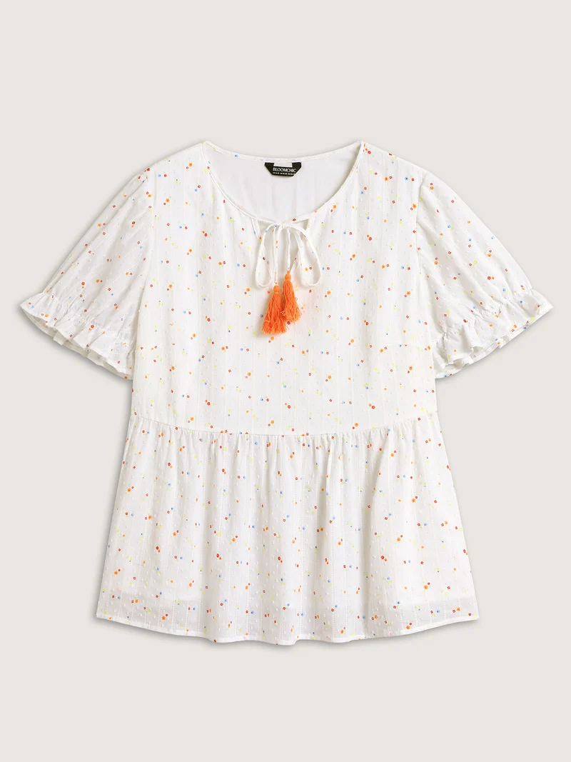Cotton Colorful Embroidered Tassels Solid Blouse