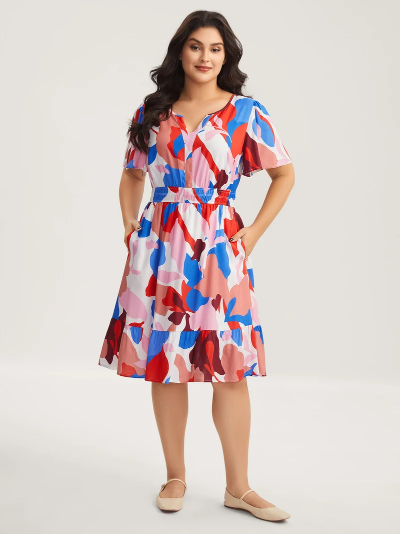 Color Block Stretchy Notched Midi Dress