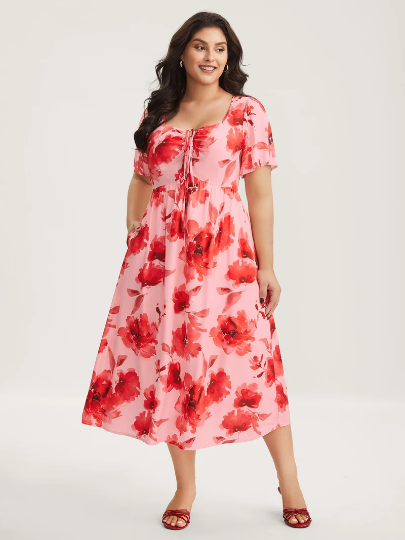 Rayon Romantic Floral Print Drawstring Midi Dress