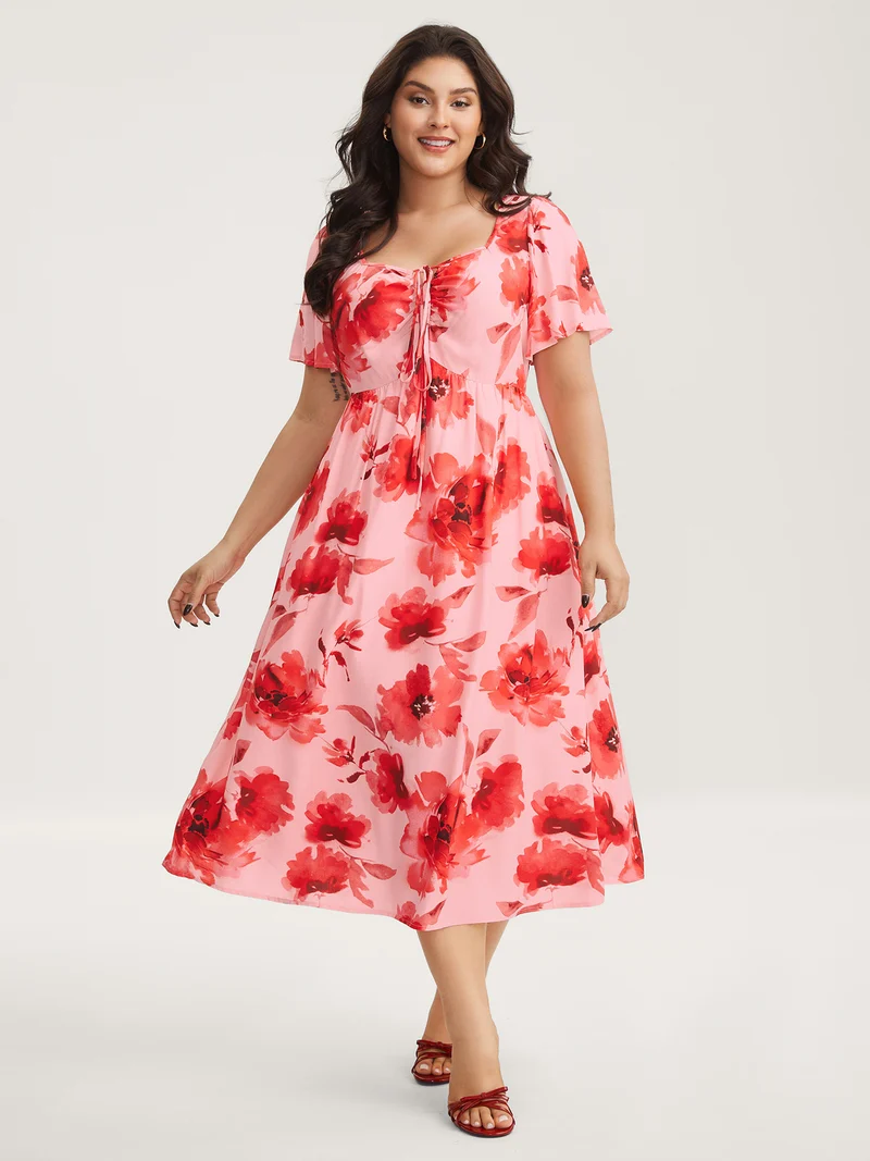 Rayon Romantic Floral Print Drawstring Midi Dress