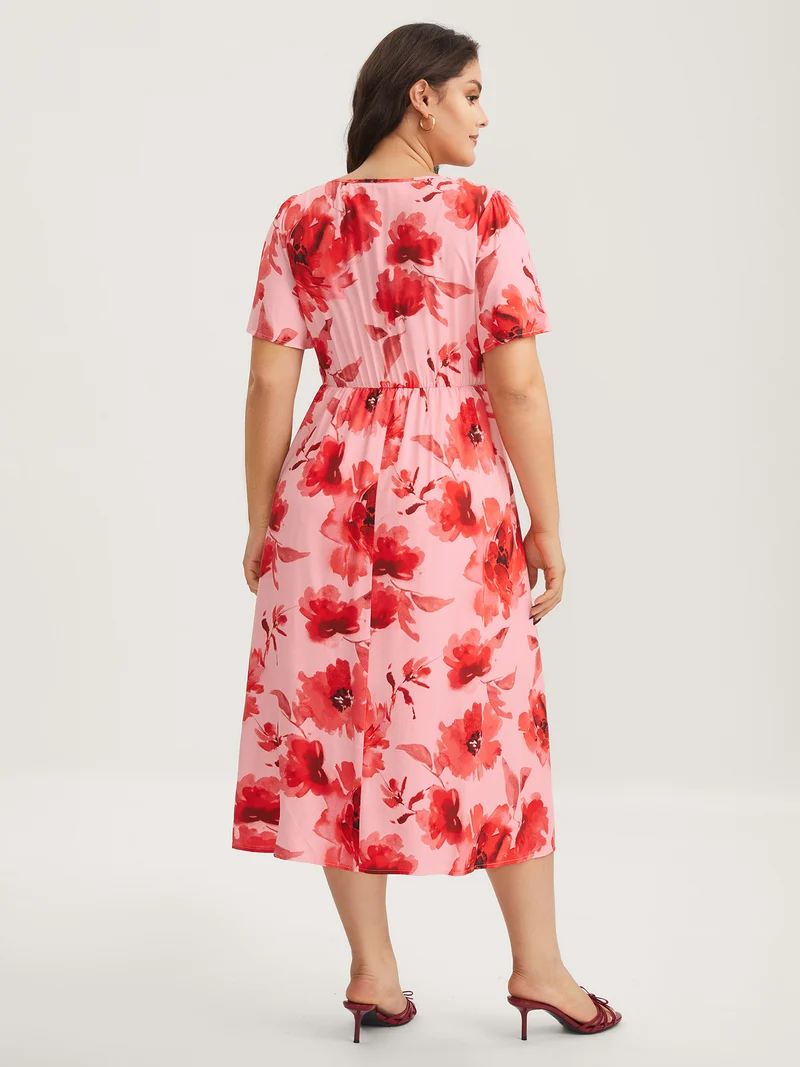 Rayon Romantic Floral Print Drawstring Midi Dress