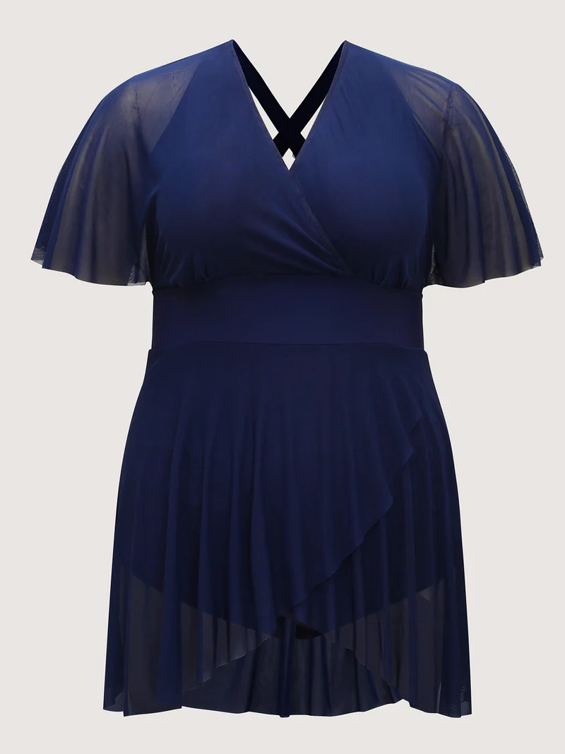 Sheer Overlap Hem Surplice Swim Dress