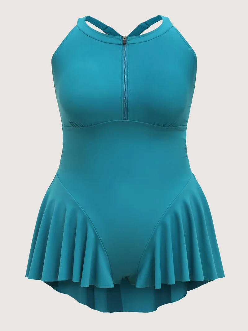 Zipper Front Ruffled One-Piece Swimsuit