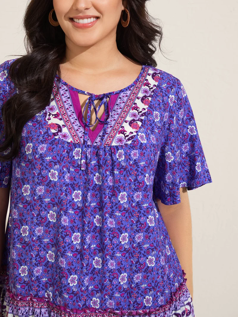 Boho Floral Print Neck Tie Blouse