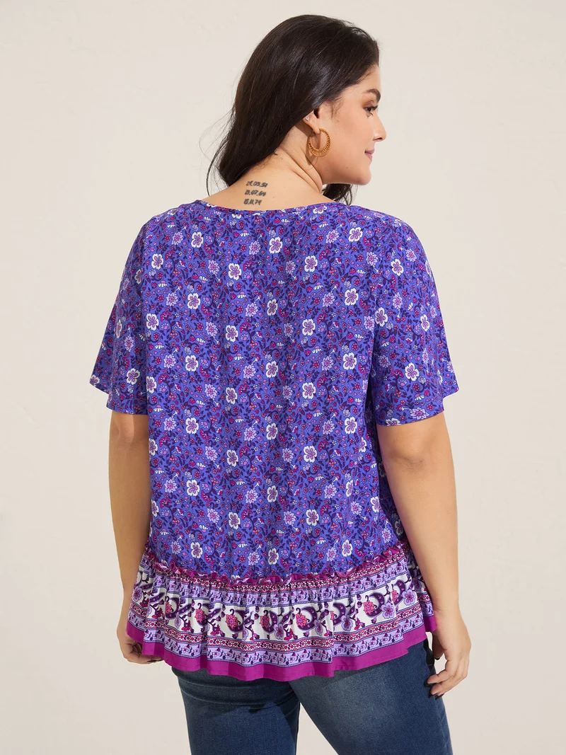 Boho Floral Print Neck Tie Blouse