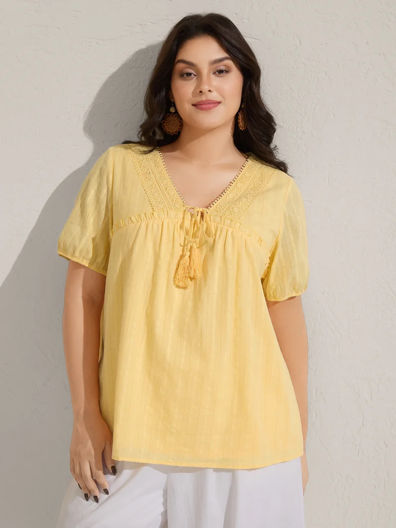 Cotton Textured Lace Trim Neck-Tie Blouse