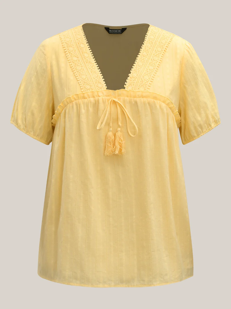Cotton Textured Lace Trim Neck-Tie Blouse
