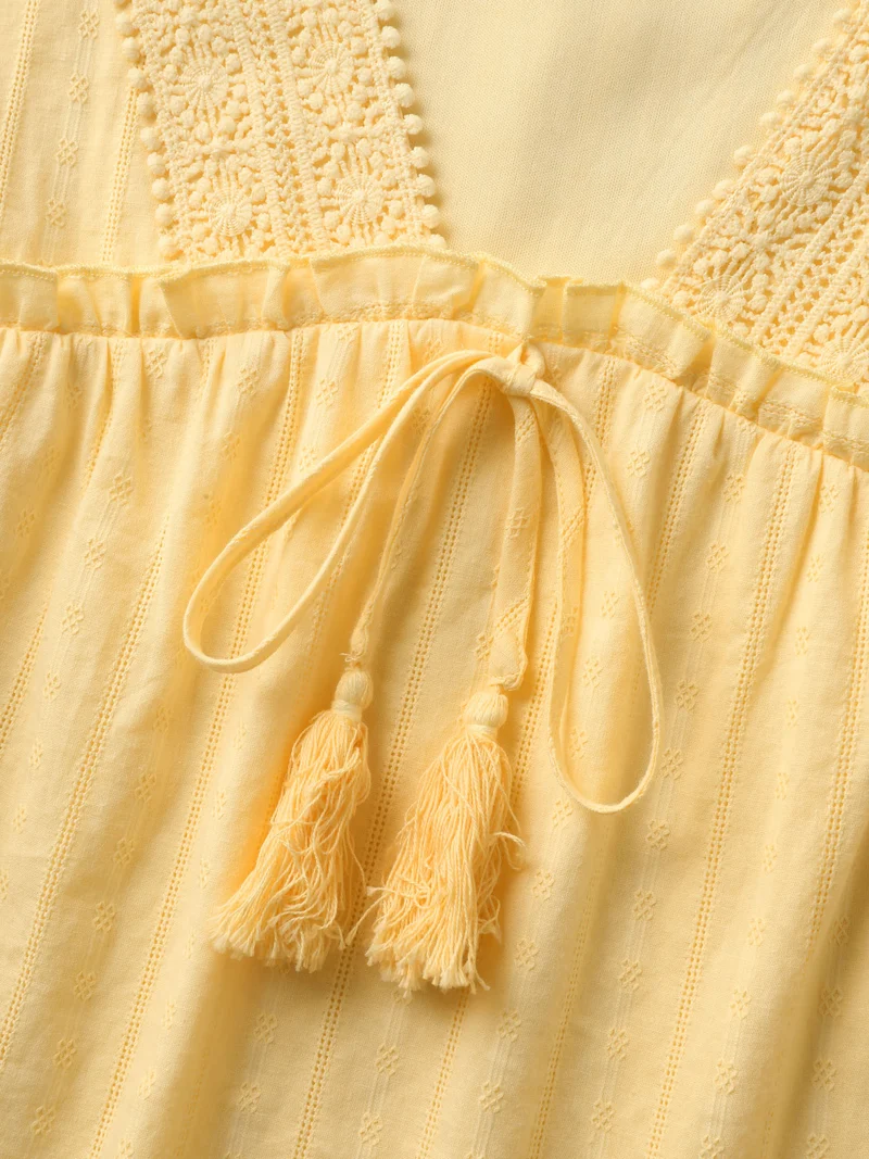 Cotton Textured Lace Trim Neck-Tie Blouse