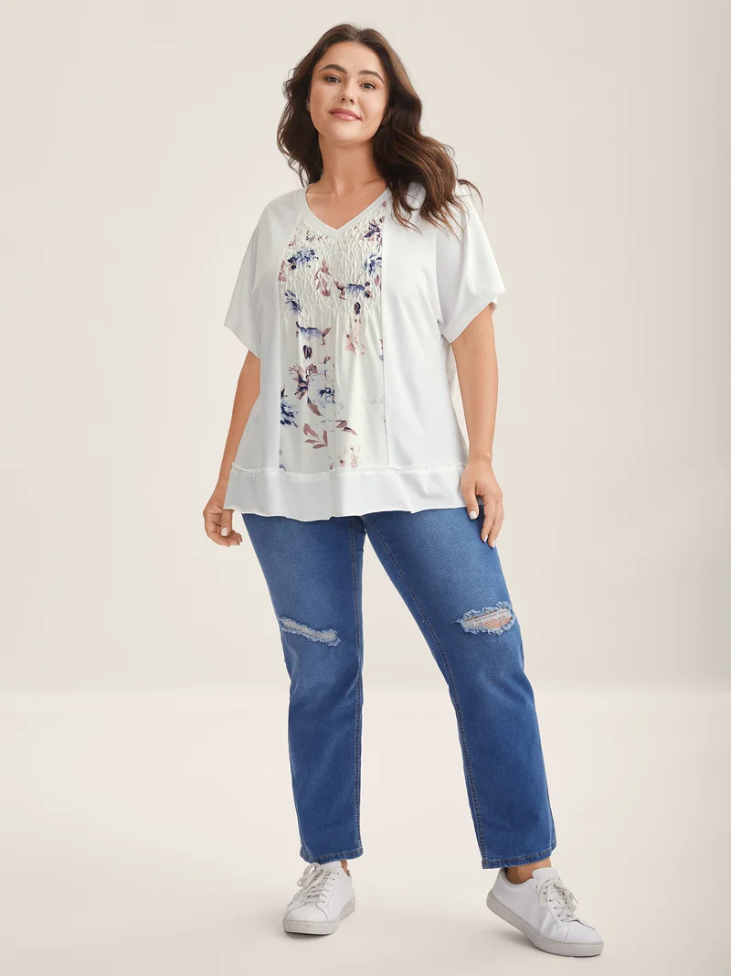 Stretchy Handmade Shirred Relaxed-Fit T-Shirt