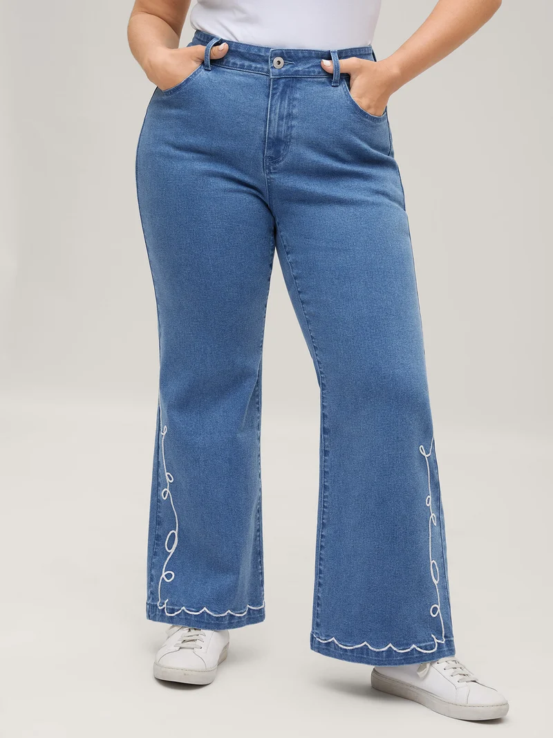 Wavy Embroidered Hem Mid Rise Jeans