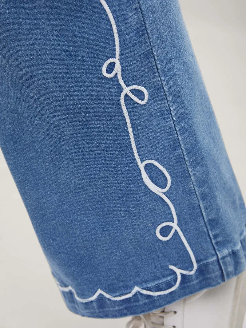 Wavy Embroidered Hem Mid Rise Jeans