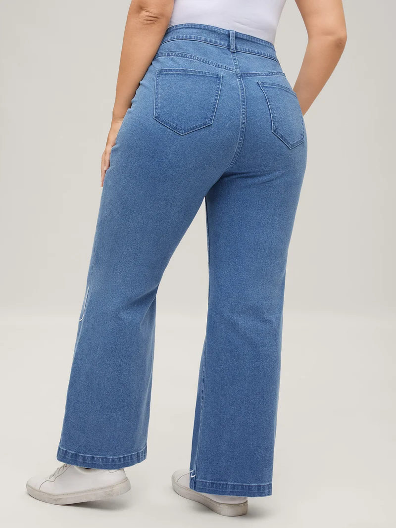 Wavy Embroidered Hem Mid Rise Jeans
