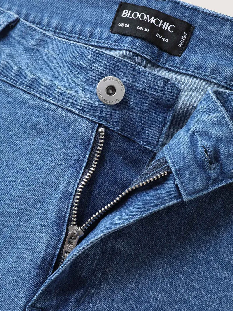 Wavy Embroidered Hem Mid Rise Jeans