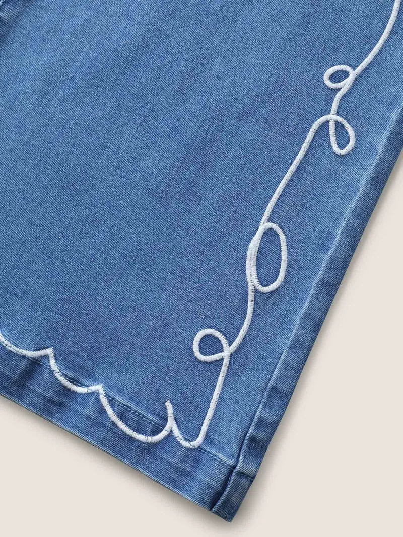 Wavy Embroidered Hem Mid Rise Jeans