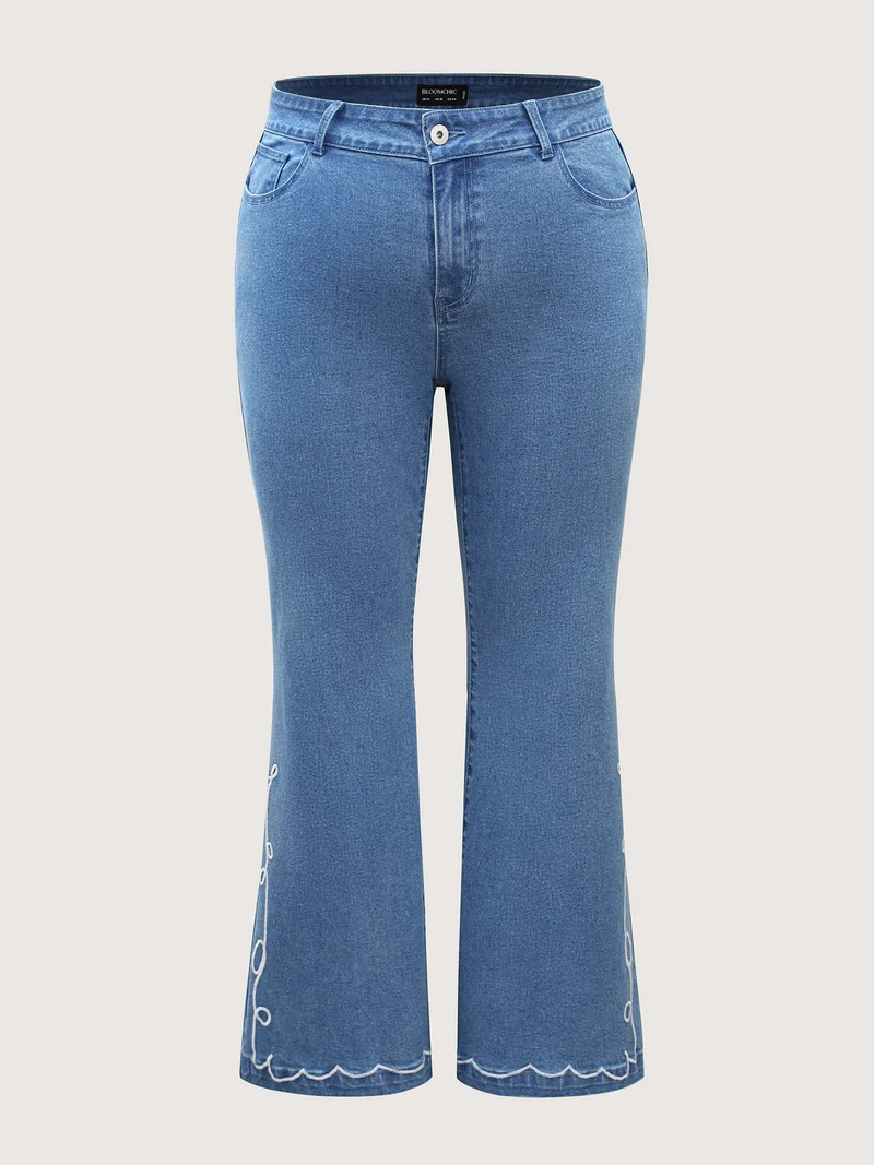 Wavy Embroidered Hem Mid Rise Jeans