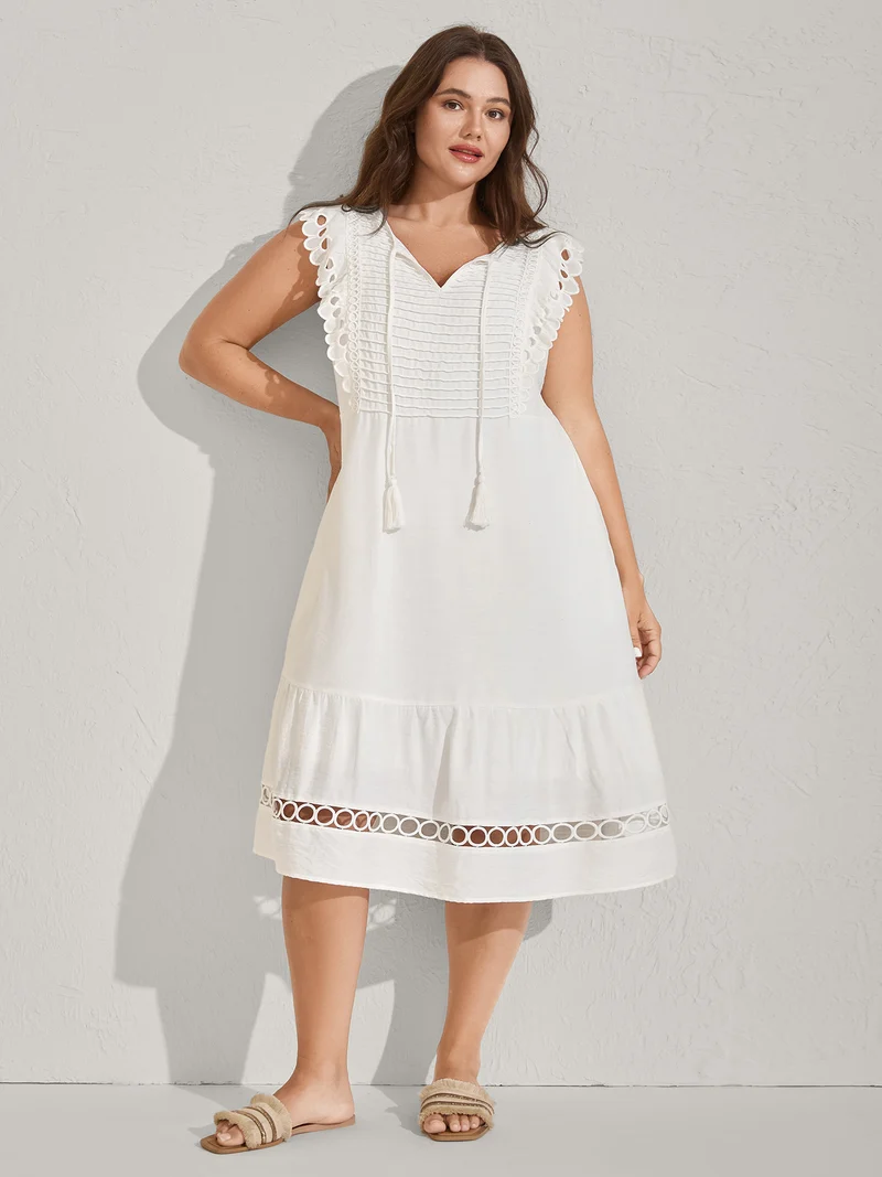 Lace Embroidered Sleeve Plain Midi Dress
